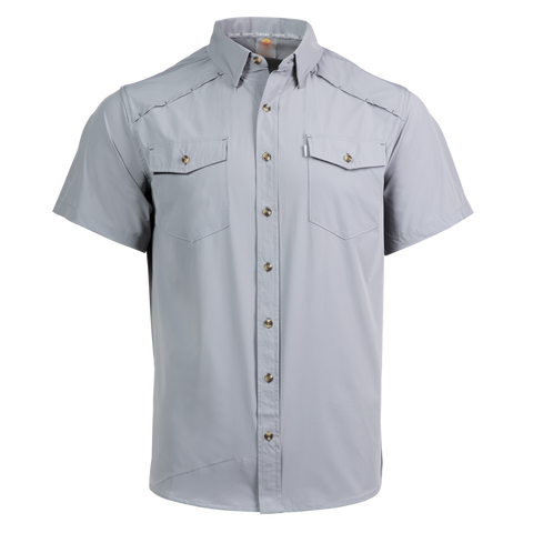 Gray short-sleeve button-up shirt on a white background
