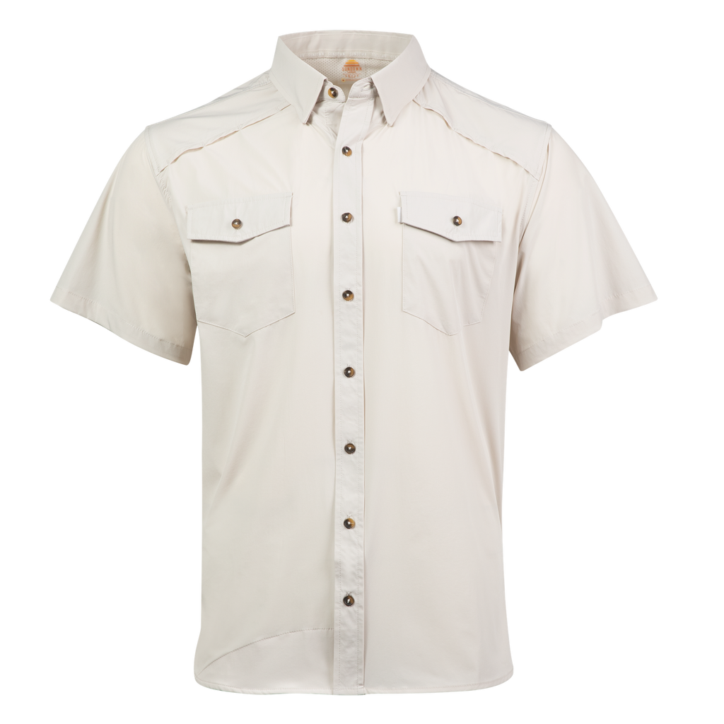Beige short-sleeve shirt with button details on a white background