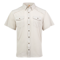 Beige short-sleeve shirt with button details on a white background