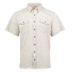 Beige short-sleeve shirt with button details on a white background