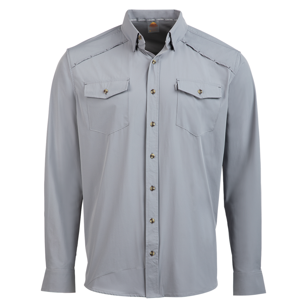 Light gray button-up shirt on a white background