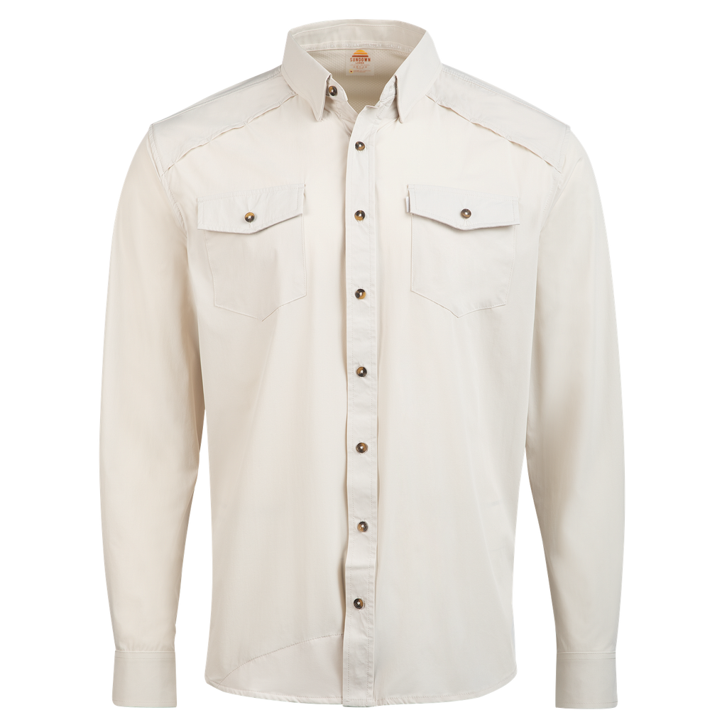 Gray button up with horn buttons front on white background