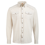 Gray button up with horn buttons front on white background