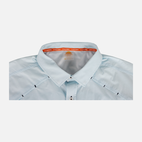 collar of faded sky short sleeve performance field shirt showing "Sundown" text interior tape and interior pattern