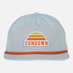 Faded Sky Unstructured 5-Panel Rope Cap with orange rope across front and sundown logo patch on forehead