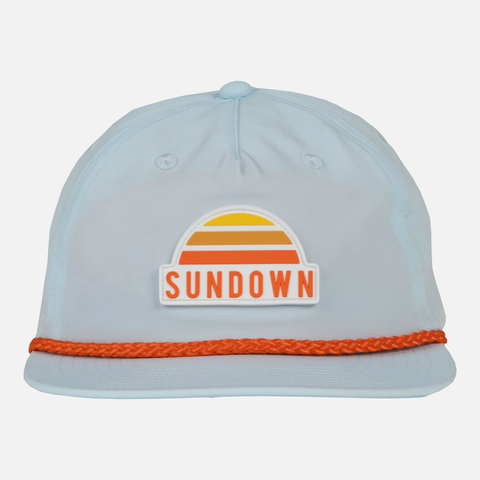 Faded Sky Unstructured 5-Panel Rope Cap with orange rope across front and sundown logo patch on forehead