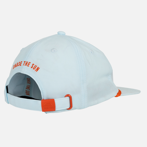 rear view of Faded Sky Unstructured 5-Panel Rope Cap with "CHASE THE SUN" orange text on back and interior taping