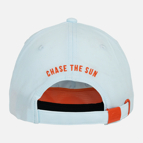 rear view of Faded Sky Unstructured 5-Panel Rope Cap with "CHASE THE SUN" orange text on back and "CHASE THE SUN" interior taping