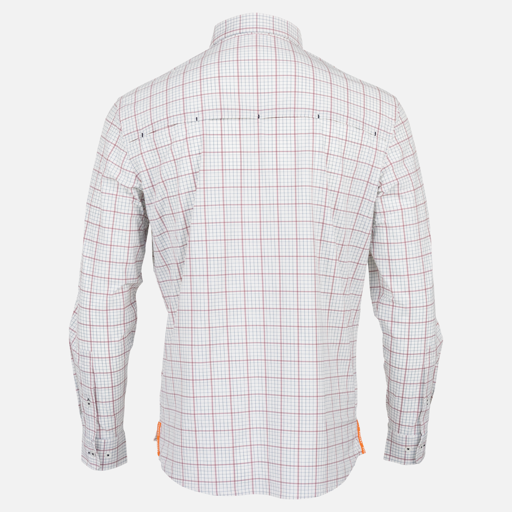 rear view of Long sleeve White/Brick/Navy Plaid performance field shirt