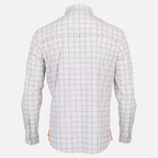 rear view of Long sleeve White/Brick/Navy Plaid performance field shirt