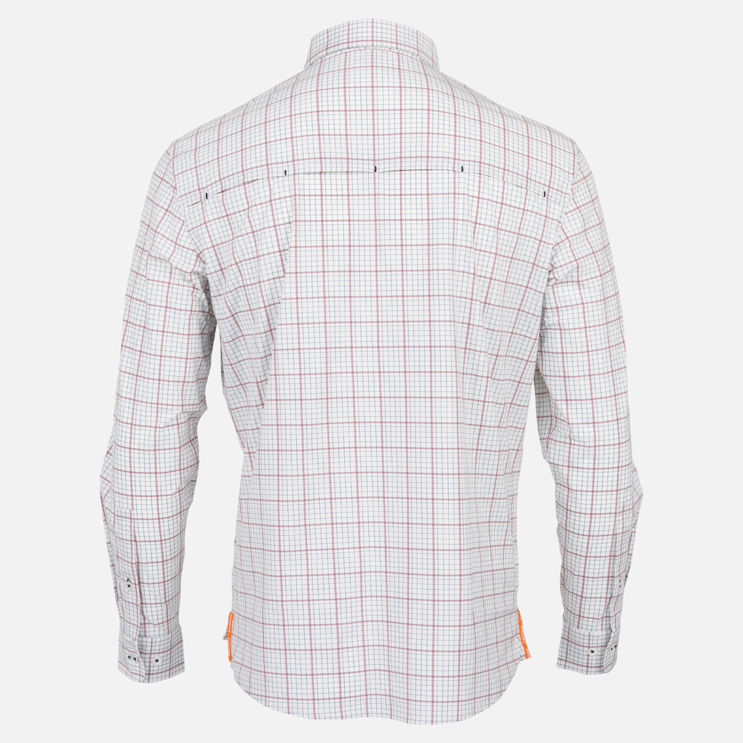 rear view of Long sleeve White/Brick/Navy Plaid performance field shirt