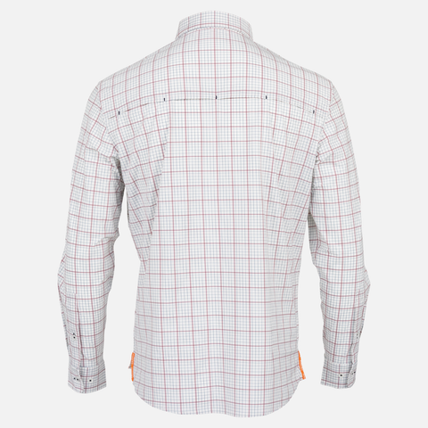 rear view of Long sleeve White/Brick/Navy Plaid performance field shirt