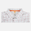 collar of Long sleeve White/Brick/Navy Plaid performance field shirt showing "SUNDOWN" text in inner collar
