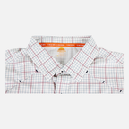 collar of white/brick/navy paid short sleeve performance field shirt showing "Sundown" text interior tape and interior pattern