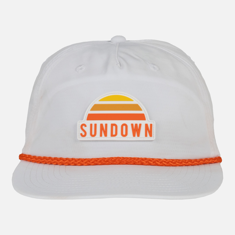 White Unstructured 5-Panel Rope Cap with SUNDOWN logo patch on front and blaze rope across brim