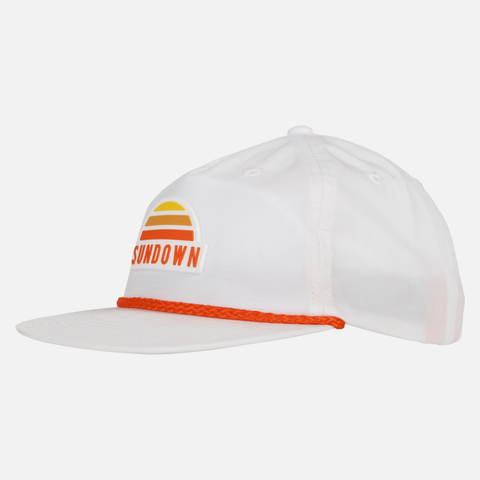 side view of White Unstructured 5-Panel Rope Cap with SUNDOWN logo patch on front and blaze rope across brim