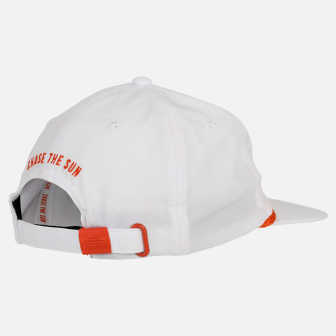 rear view of white unstructured 5-panel rope cap with blaze text "CHASE THE SUN" on back