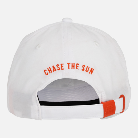 rear view of white unstructured 5-panel rope cap with blaze text "CHASE THE SUN" on back