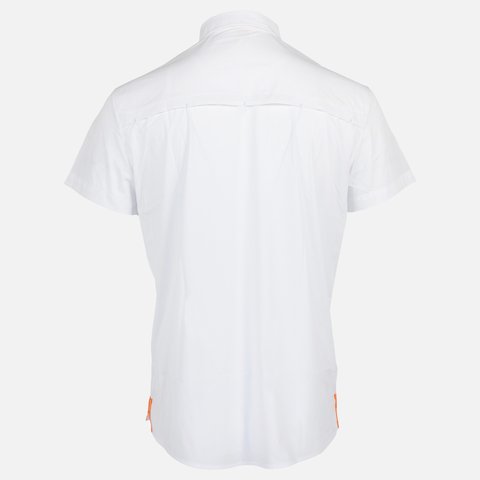 rear view of Sundown white short sleeve performance field shirt