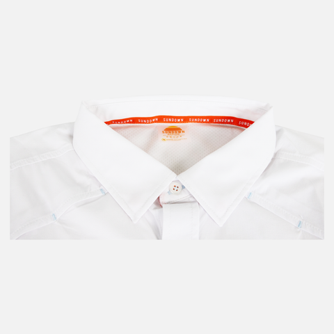 collar of Long sleeve white performance field shirt showing "SUNDOWN" text in inner collar