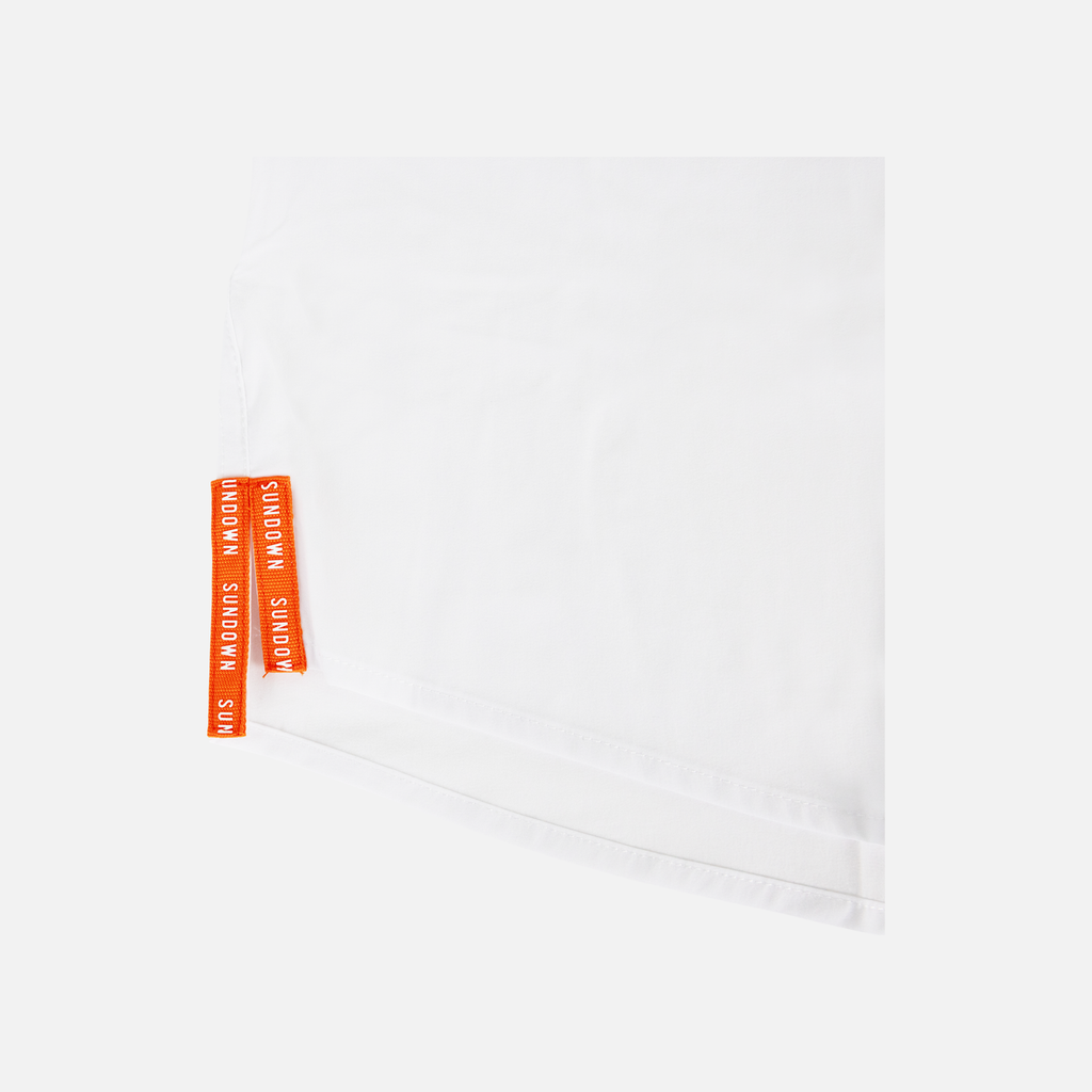 closeup of side seam of Long sleeve white performance field shirt showing text "SUNDOWN" - Sundown Supply Co