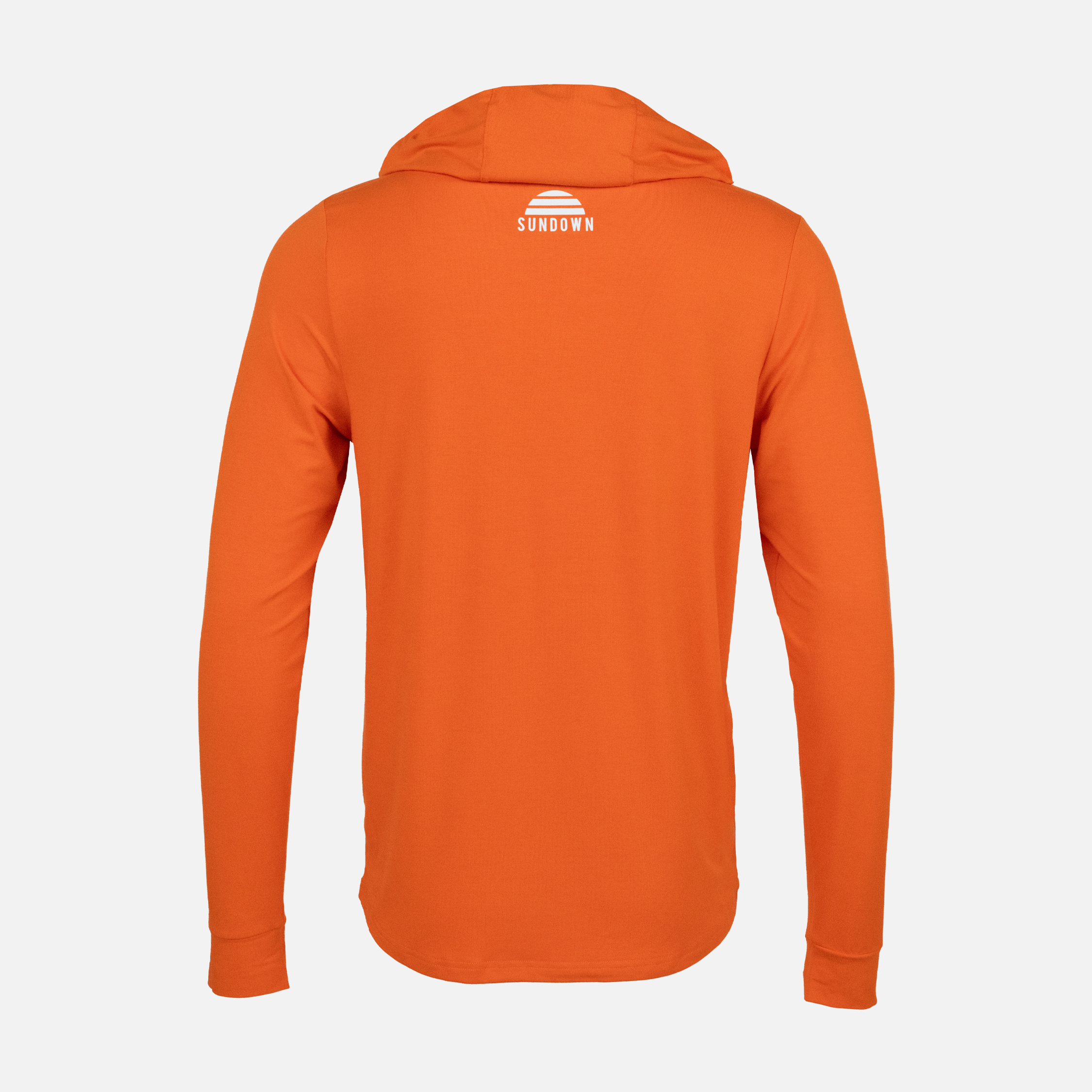 rear view of Blaze Bamboo Sun Hoodie L/S with white SUNDOWN logo on upper back